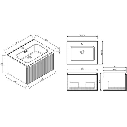 Tailored Flauto Smoked Sage Wall Hung Vanity Unit with Matte Basin Technical Drawing