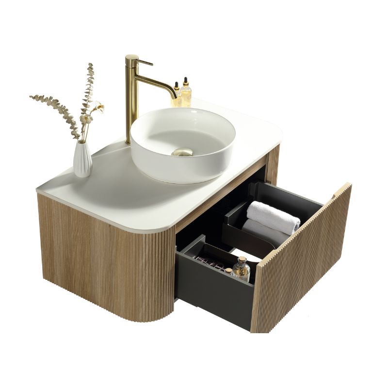 Tailored Flauto Oak Wall Hung Curved Corner Vanity Unit with Counter Top Basin