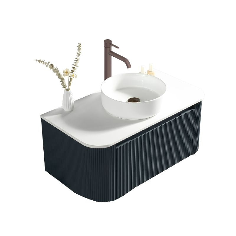 Tailored Flauto Oak Wall Hung Curved Corner Vanity Unit with Counter Top Basin