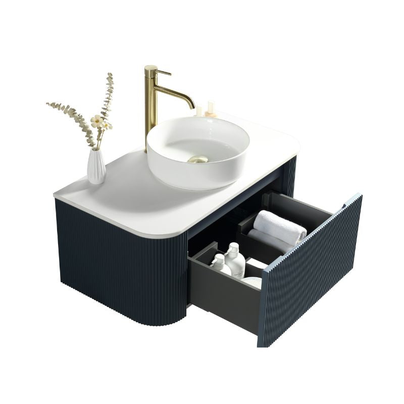 Tailored Flauto Oak Wall Hung Curved Corner Vanity Unit with Counter Top Basin
