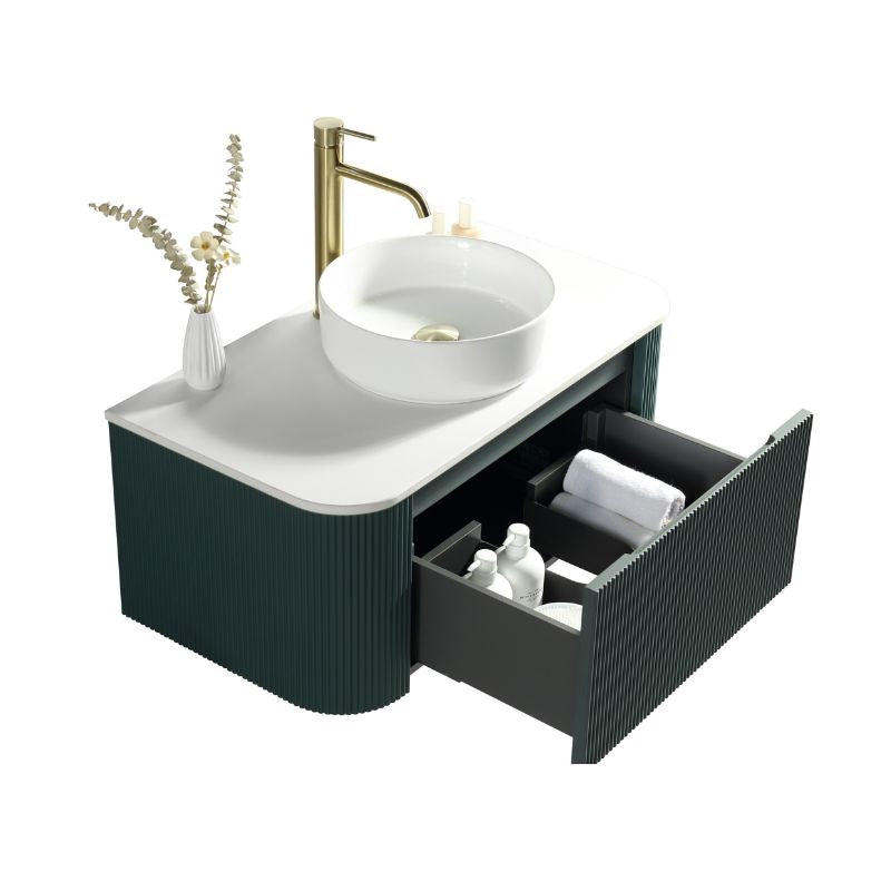 Tailored Flauto Oak Wall Hung Curved Corner Vanity Unit with Counter Top Basin