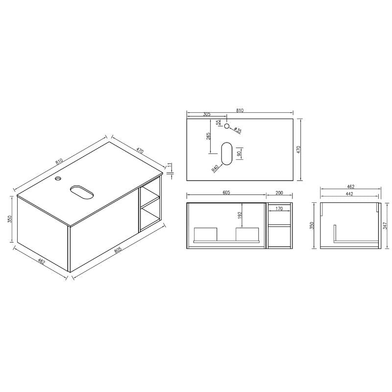 Tailored Flauto Wall Hung Vanity Unit with Side Storage & Sintered Stone Top 800 mm Technical Drawing 