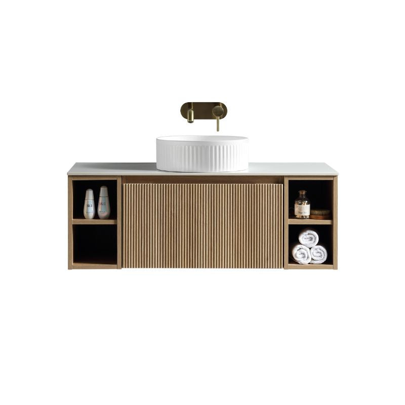 Tailored Flauto Country Oak Wall Hung Vanity Unit with Side Storage & Stone Top 1000 mm