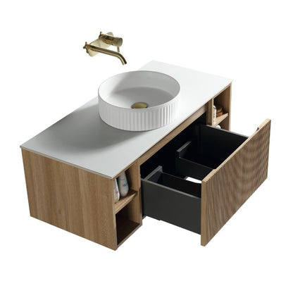 Tailored Flauto Country Oak Wall Hung Vanity Unit with Side Storage & Stone Top 1000 mm