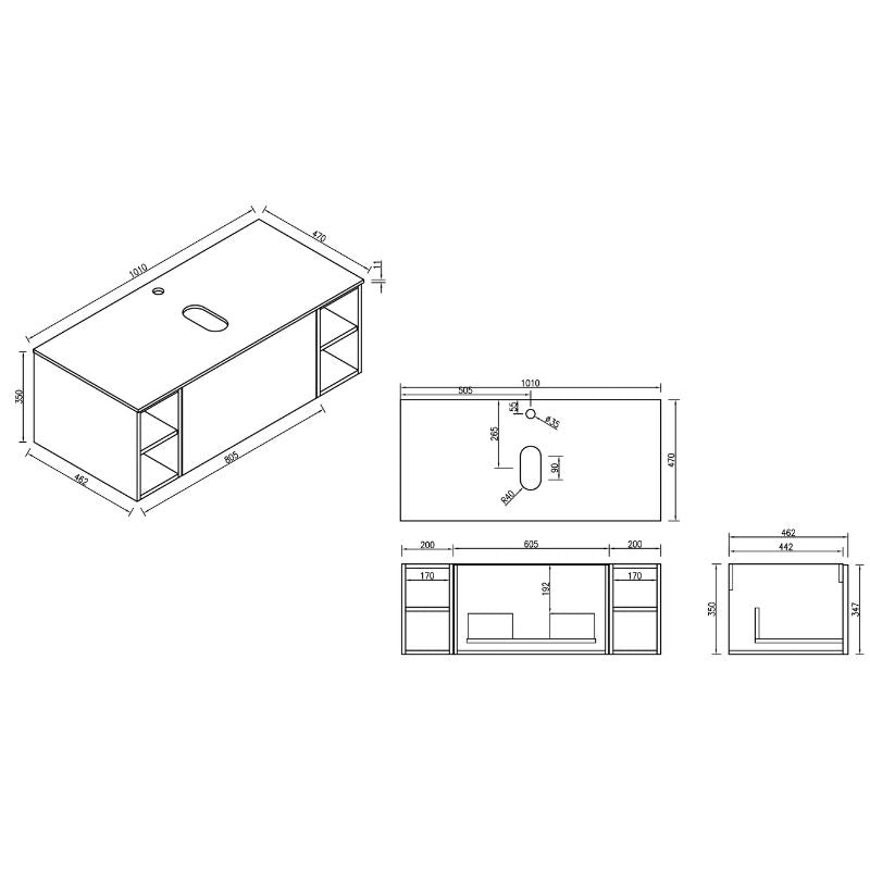 Tailored Flauto Country Oak Wall Hung Vanity Unit with Side Storage & Stone Top 1000 mm Technical Drawing