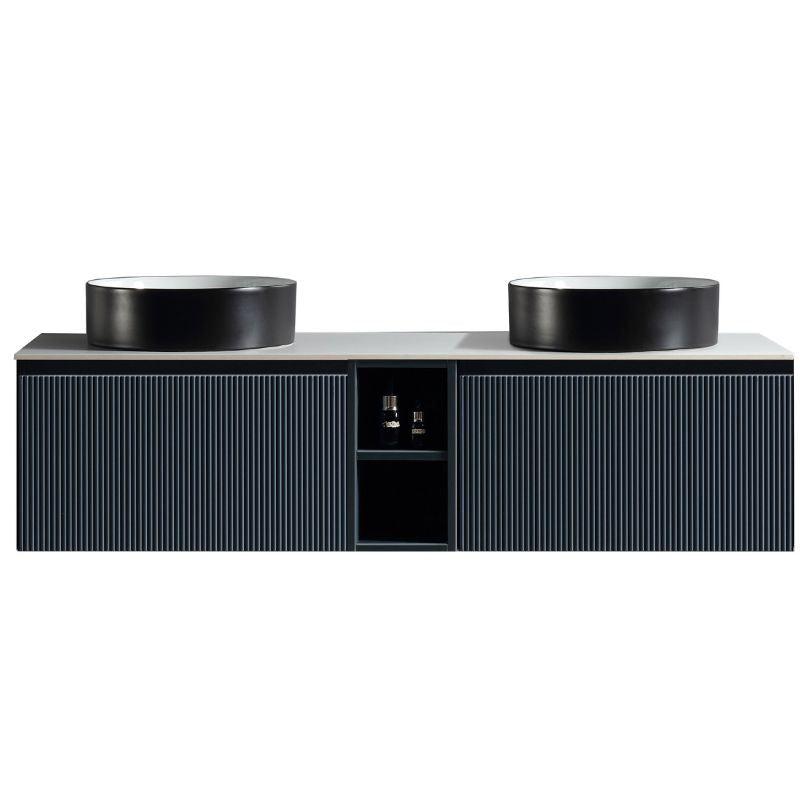 Tailored Flauto Wall Hung Double Vanity Unit with Storage & Stone Top 1400 mm