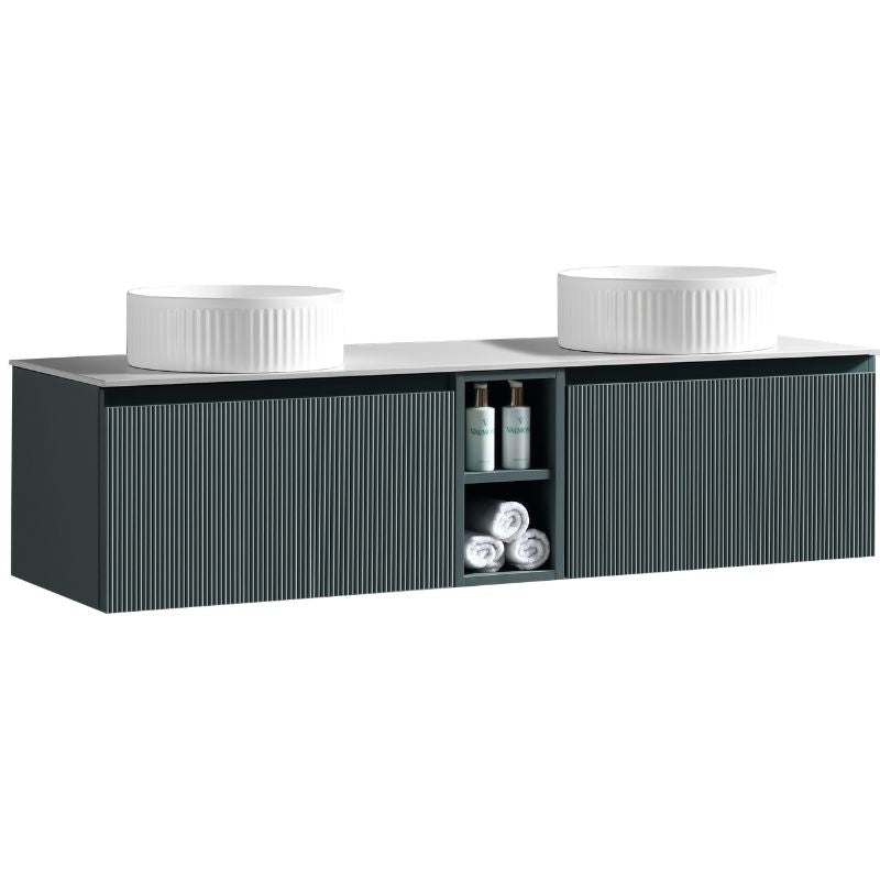 Tailored Flauto Wall Hung Double Vanity Unit with Storage & Stone Top 1400 mm