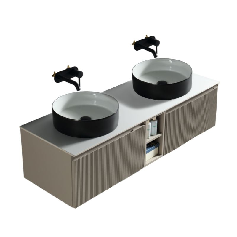 Tailored Flauto Wall Hung Double Vanity Unit with Storage & Stone Top 1400 mm