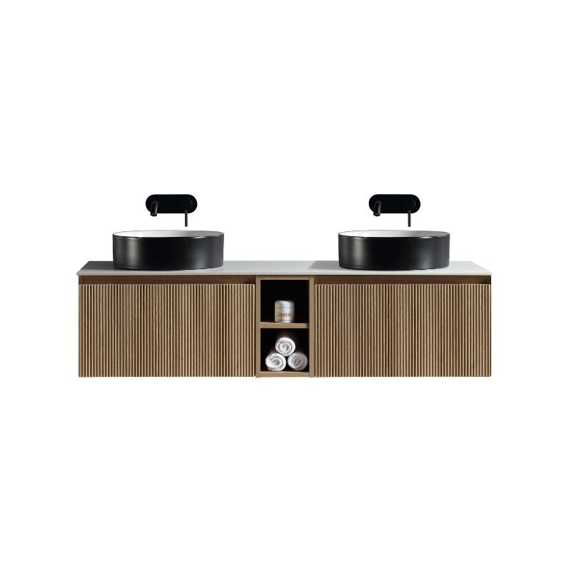 Tailored Flauto Wall Hung Double Vanity Unit with Storage & Stone Top 1400 mm