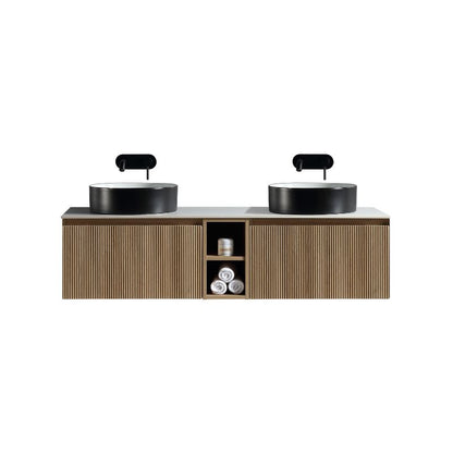 Tailored Flauto Wall Hung Double Vanity Unit with Storage & Stone Top 1400 mm