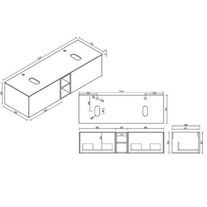 Tailored Flauto Wall Hung Double Vanity Unit With Storage & Stone Top - 1400 mm