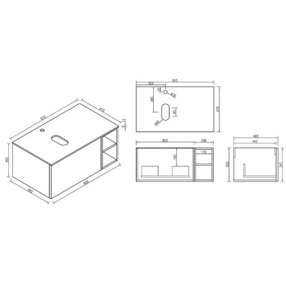 Tailored Flauto Wall Hung Vanity Unit With Left Storage & Stone Top Technical Drawings