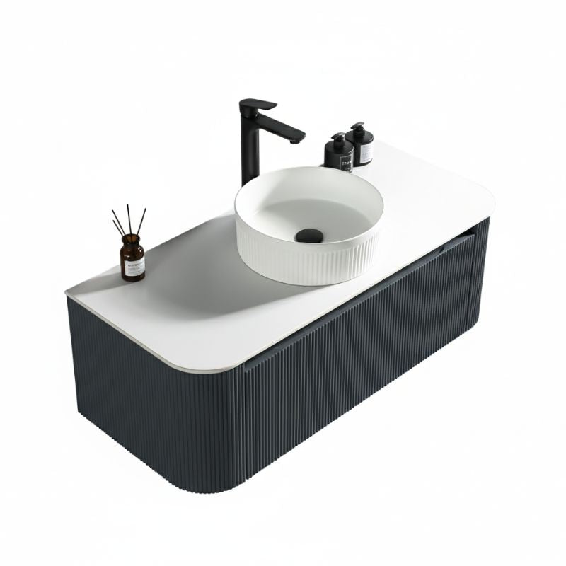 Tailored Flauto Wall Hung Curved Corner Vanity Unit with Stone Top