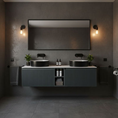 Tailored Flauto Wall Hung Double Vanity Unit With Storage & Stone Top