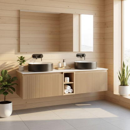Tailored Flauto Wall Hung Double Vanity Unit With Storage & Stone Top