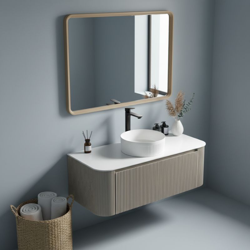 Tailored Flauto Oak Wall Hung Curved Corner Vanity Unit With Counter Top Basin 870mm