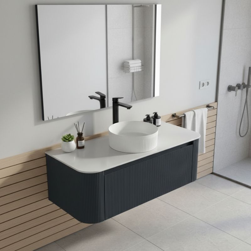 Tailored Flauto Oak Wall Hung Curved Corner Vanity Unit With Counter Top Basin 870mm