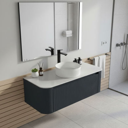 Tailored Flauto Oak Wall Hung Curved Corner Vanity Unit With Counter Top Basin 870mm