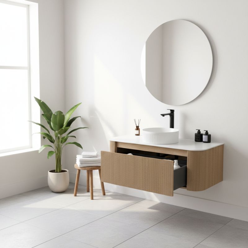 Tailored Flauto Oak Wall Hung Curved Corner Vanity Unit With Counter Top Basin 870mm