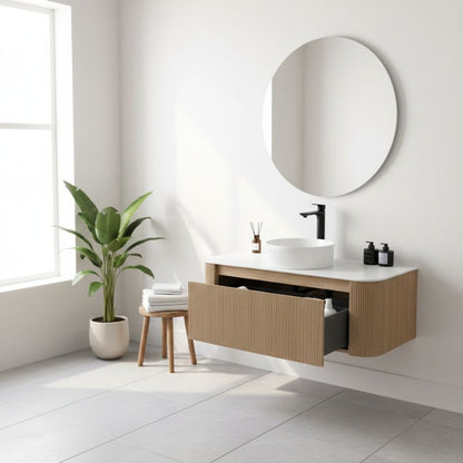 Tailored Flauto Oak Wall Hung Curved Corner Vanity Unit With Counter Top Basin 870mm