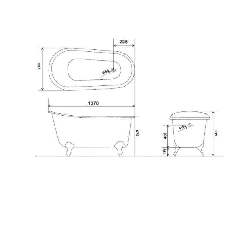 Arroll Ambrose Freestanding Cast Iron Bath 1370/1470mm | 2 Sizes Technical Drawings