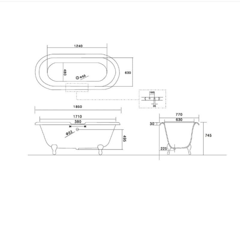 Arroll Cheverny Freestanding Roll Top Cast Iron Bath With Clawfoot Technical Drawings