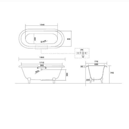 Arroll Cheverny Freestanding Roll Top Cast Iron Bath With Clawfoot Technical Drawings