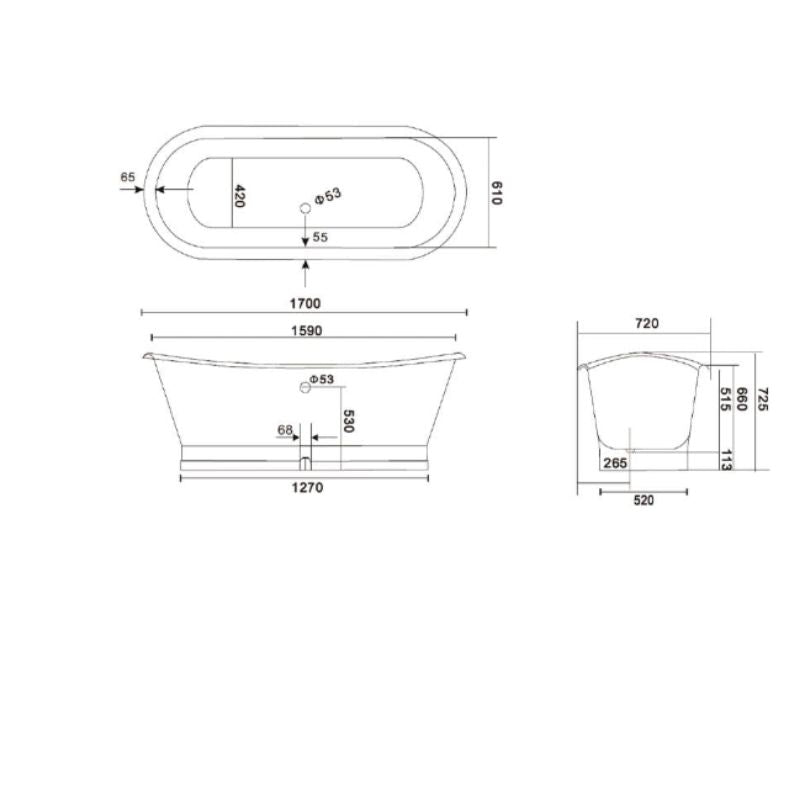 Arroll Lyon Freestanding Cast Iron Bath Bateau Style Bath | Bespoke Finish Technical Drawings
