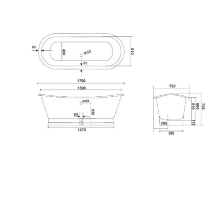 Arroll Lyon Freestanding Cast Iron Bath Bateau Style Bath | Bespoke Finish Technical Drawings