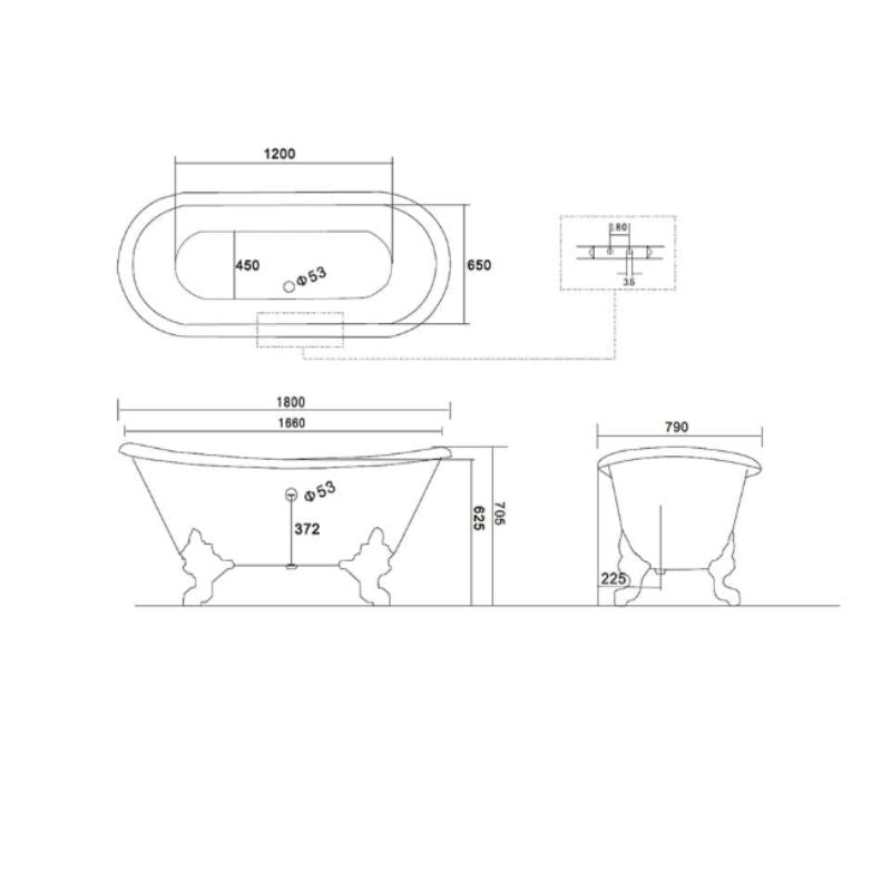 Arroll Milan Freestanding Roll Top Cast Iron Bath With Chrome Claw Feet Technical Drawings