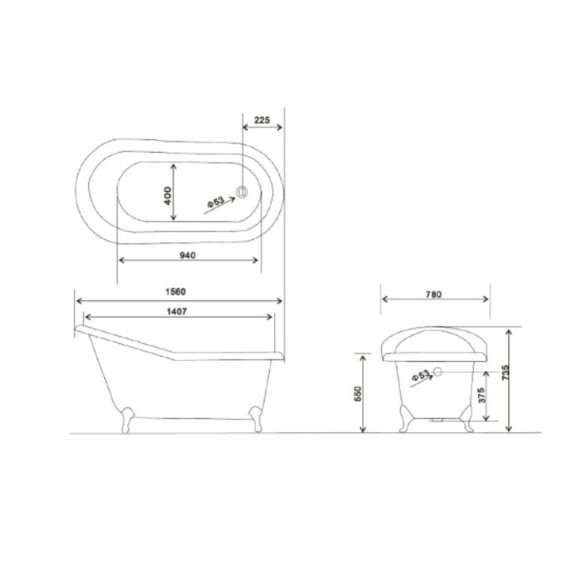 Arroll Bordeaux Cast Iron Single Slipper Bath with Ball & Claw Feet Technical Drawings