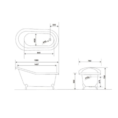 Arroll Bordeaux Cast Iron Single Slipper Bath with Ball & Claw Feet Technical Drawings