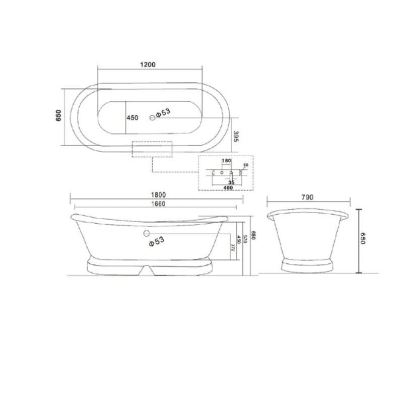 Arroll Versailles Cast Iron Plinth Bath with Chrome Feet 1800 Technical Drawing