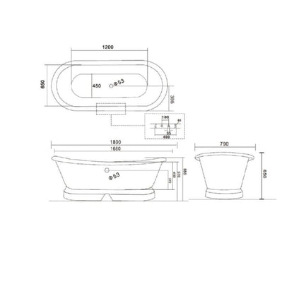 Arroll Versailles Cast Iron Plinth Bath with Chrome Feet 1800 Technical Drawing