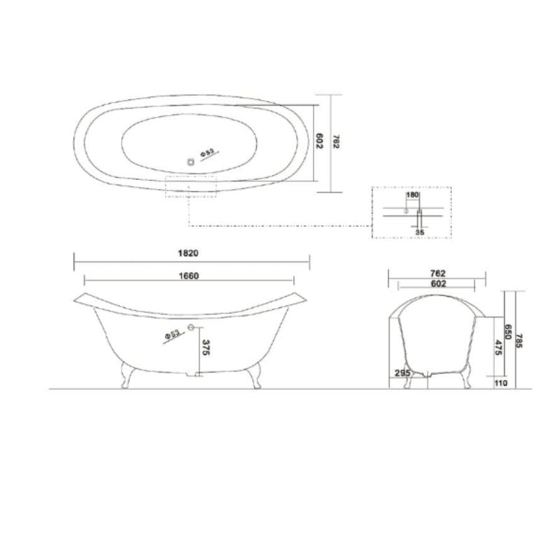 Arroll Villandry Cast Iron Double Slipper Bath with Lion’s Paw Feet Technical Drawing