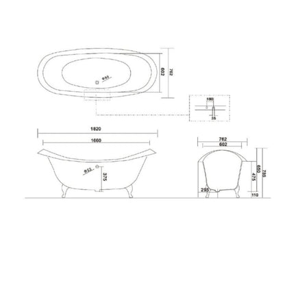 Arroll Villandry Cast Iron Double Slipper Bath with Lion’s Paw Feet Technical Drawing