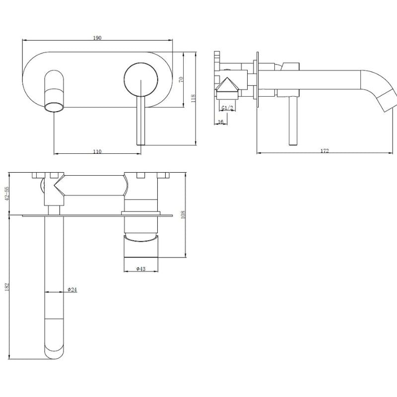 TB Redondo Wall Mounted Basin Mixer Tap ECO Cold Start | 4 Colours Technical Drawing 