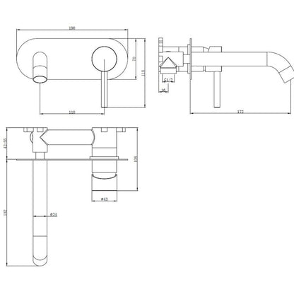 TB Redondo Wall Mounted Basin Mixer Tap ECO Cold Start | 4 Colours Technical Drawing 