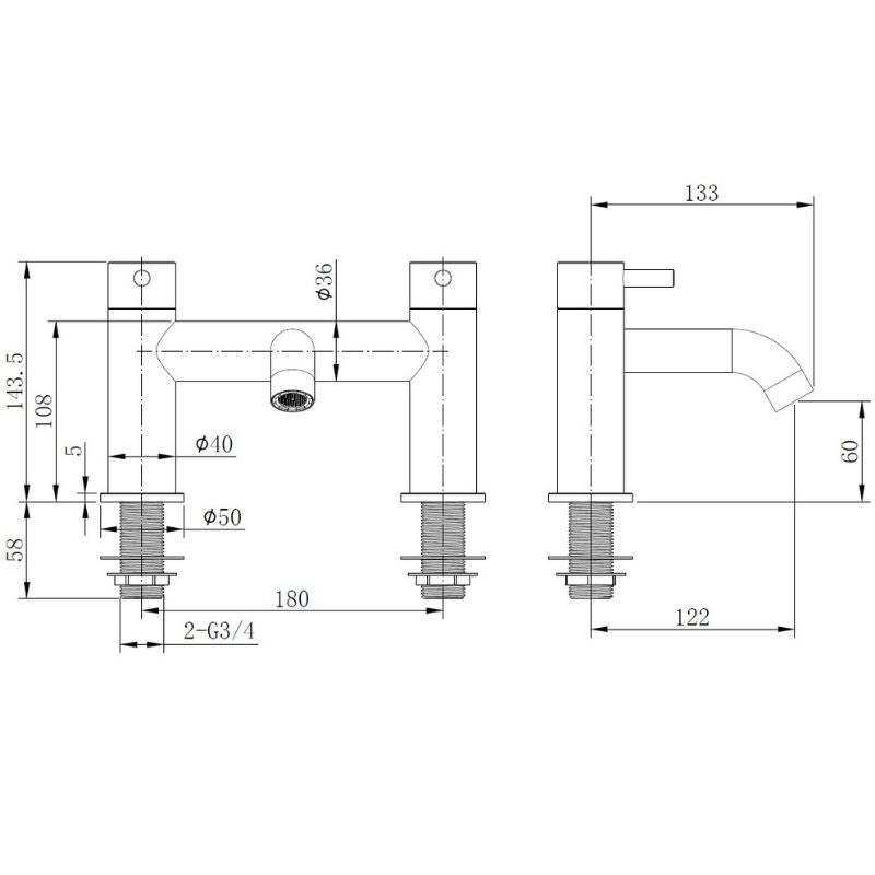Tailored Bathrooms Redondo Bath Filler Tap Knurled Handle, 0.3–5 Bar Technical Drawing. 