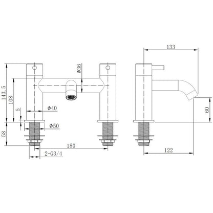 Tailored Bathrooms Redondo Bath Filler Tap Knurled Handle, 0.3–5 Bar Technical Drawing. 