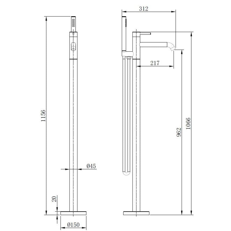 TB Redondo Freestanding Bath Shower Mixer 0.3–5 Bar Tap | 4 Colours Technical Drawing
