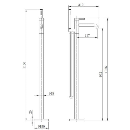 TB Redondo Freestanding Bath Shower Mixer 0.3–5 Bar Tap | 4 Colours Technical Drawing