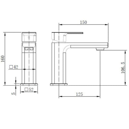 TB Quadrado Basin Mixer Tap ECO Cold Start Waste Included | 4 Colours Technical Drawing