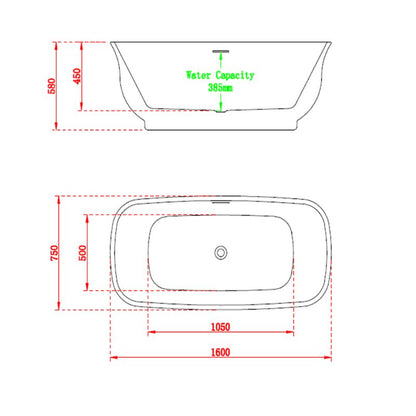 Charlotte Edwards Cyllene Freestanding Bath 1600mm In Gloss White Technical Drawings