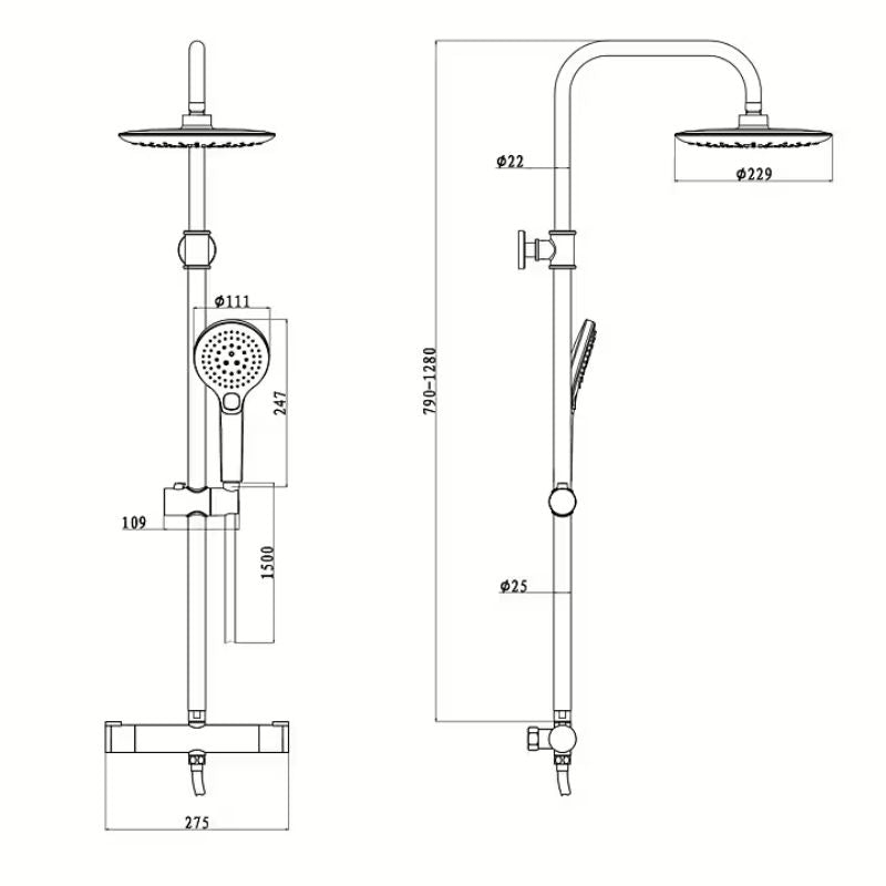 Euroshowers Thermostatic Shower System In Black, Adjustable Rail Technical Drawings