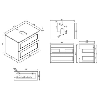 Tailored Bathrooms Bakewell 600mm Wall Hung Vanity & Basin Technical Drawings