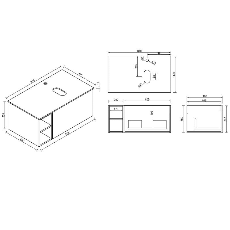 TB Piatta 800mm Wall Hung Vanity Side Storage & Sintered Countertop Technical Drawings