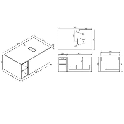 TB Piatta 800mm Wall Hung Vanity Side Storage & Sintered Countertop Technical Drawings