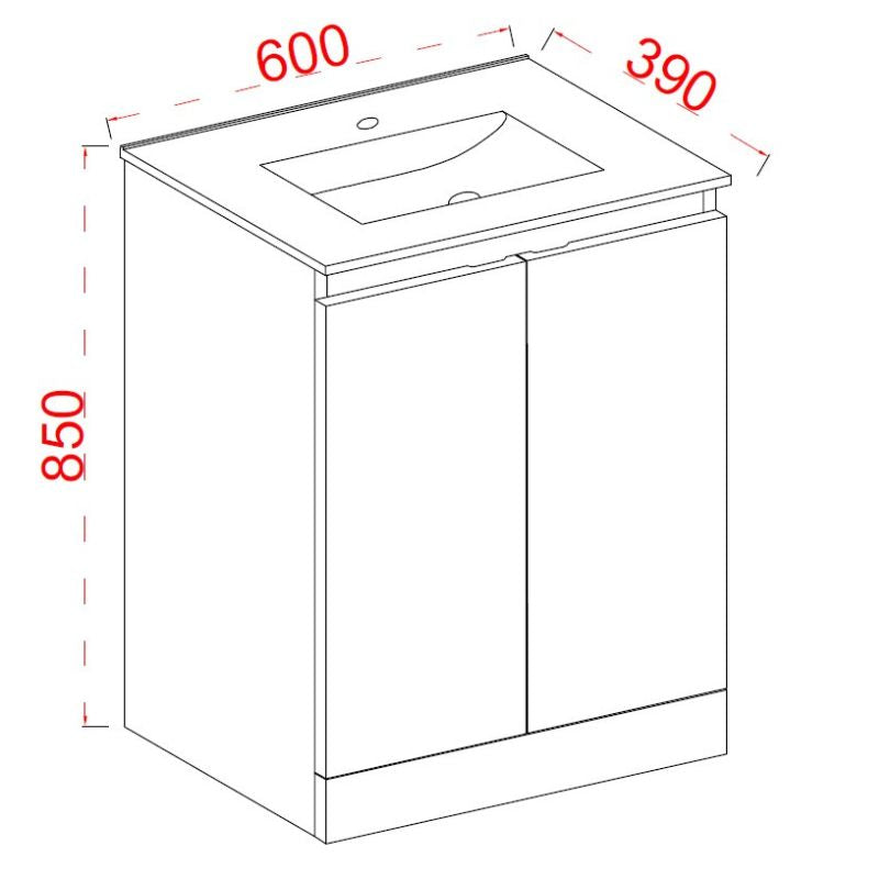 TB Plumb Essentials 600mm Double Door Floor Standing Vanity & Ceramic Basin Technical Drawings
