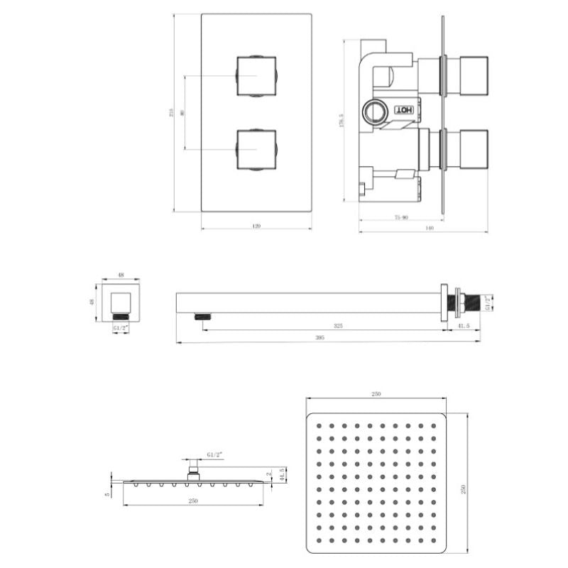 TB Square Concealed Thermostatic 2 Handle 1 Way Shower Kit (Wall) - (0008)